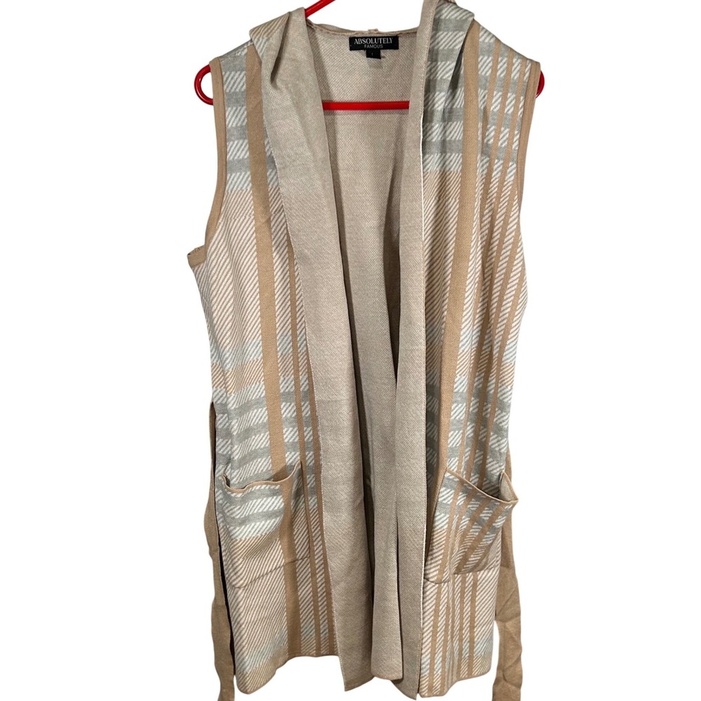 Absolutely Famous Womens Tan Plaid Hooded Knit Vest Pockets Belted Large New